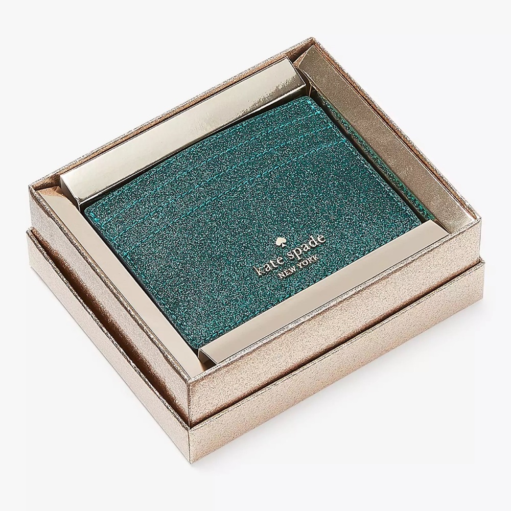 ♠️Kate Spade Glimmer Small Slim Card Holder Wallet, Festive Teal Green NIB